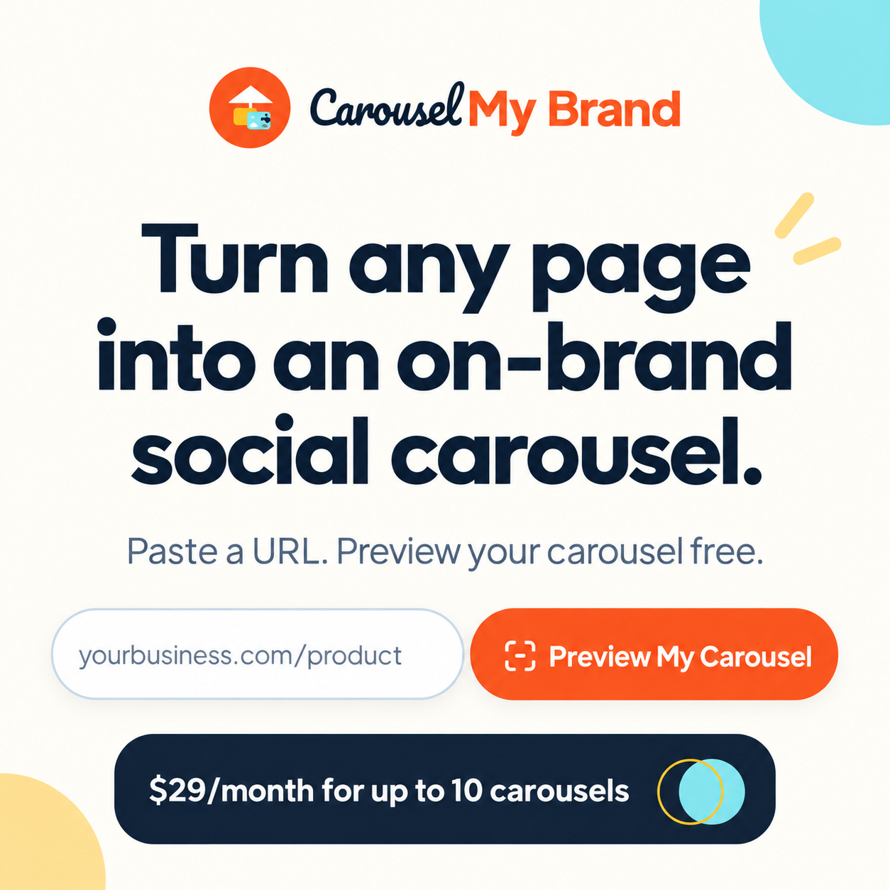 Carousel My Brand: paste a URL and preview an on-brand social carousel